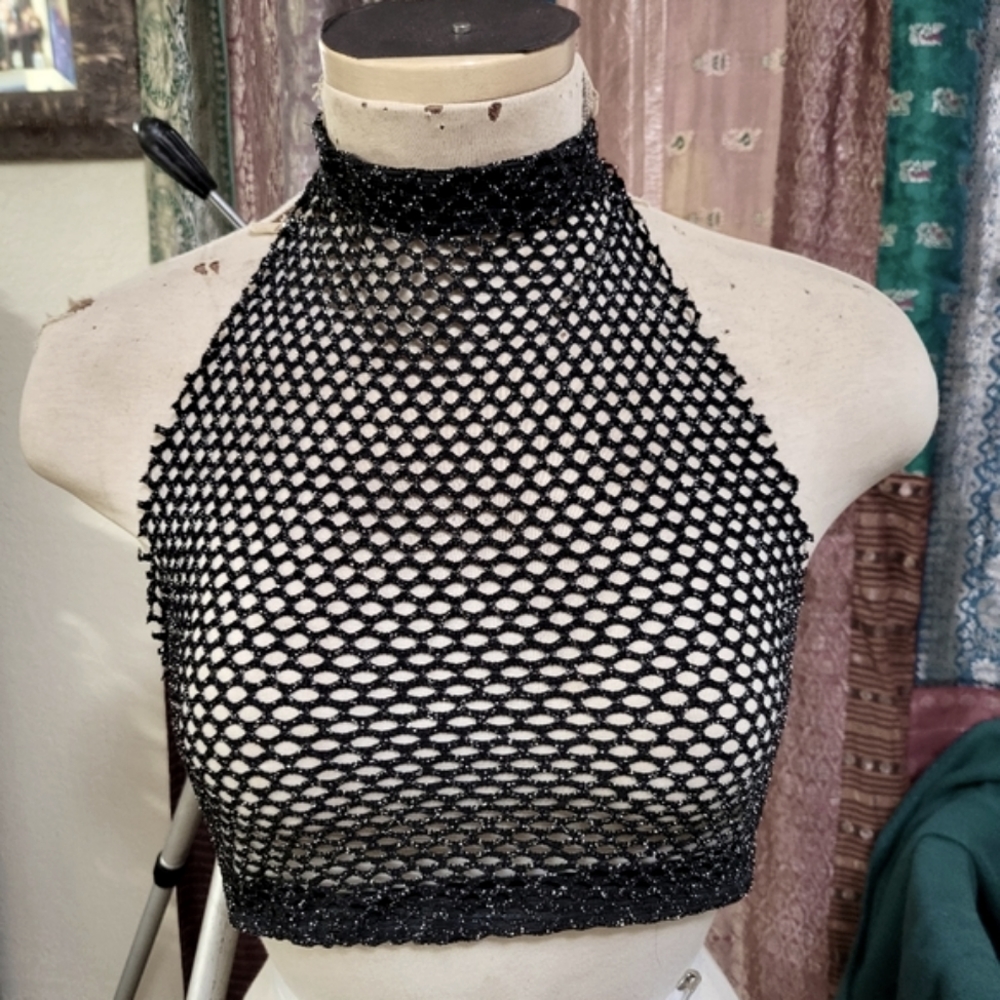 Shimmer Fishnet Halter Crop Top